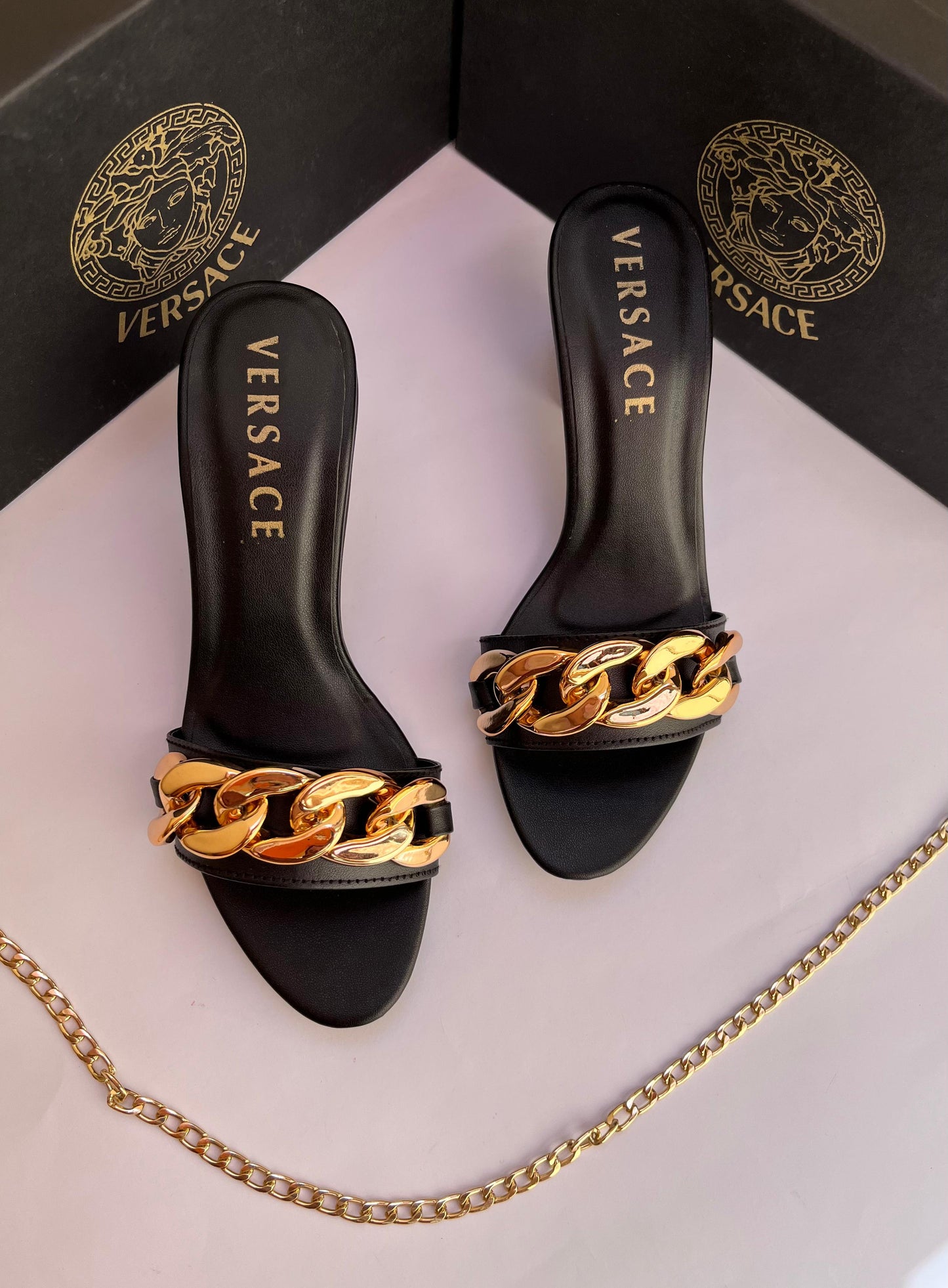 VERSACE CHAIN MID HEELS