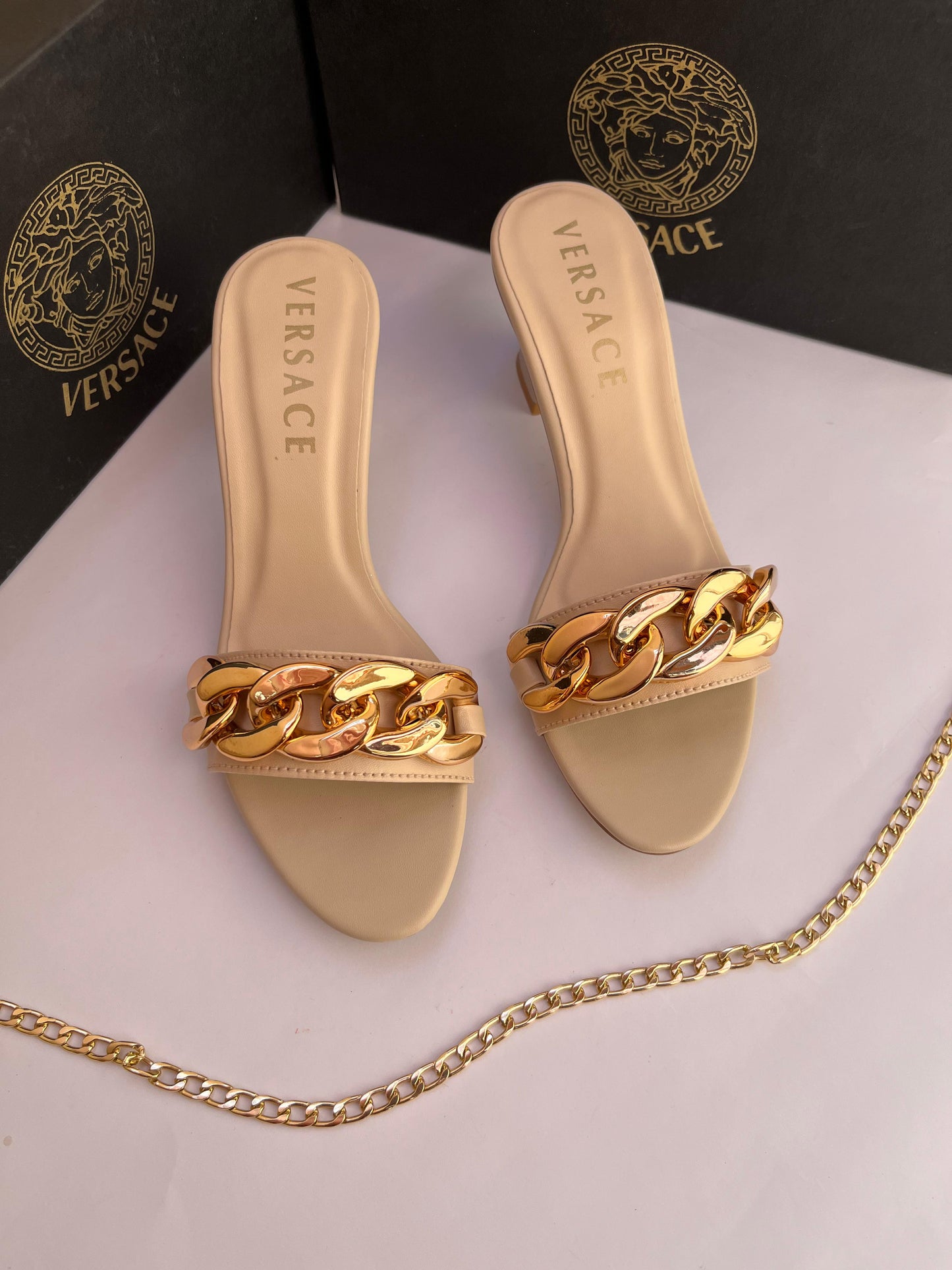 VERSACE CHAIN MID HEELS